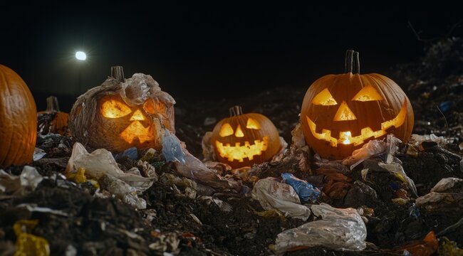 Halloween Jack-O'-Lanterns from Plastic Bags in Garbage Dump.