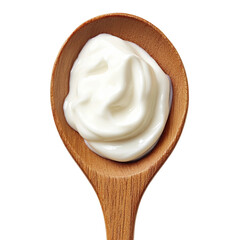 A close-up view of creamy yogurt in wooden spoon