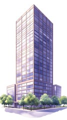 Obraz premium A tall, modern glass skyscraper with a light brown facade stands against a white background, surrounded by a few trees