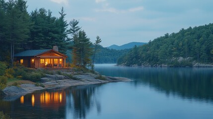 Obraz premium Rustic cabin on a lake at dusk. Tranquil woodland retreat