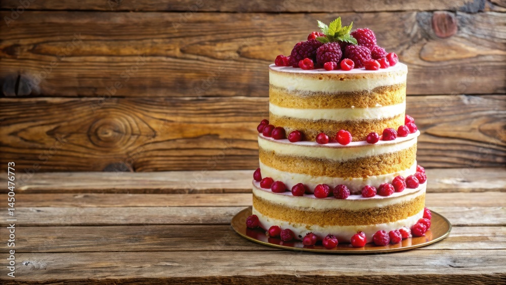 Poster a rustic wooden table displays a three-tier cake adorned with fresh raspberries and a touch of green