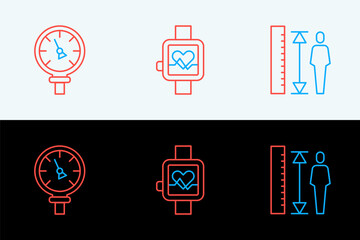 Set line Measuring height body, Pressure water meter and Smart watch icon. Vector