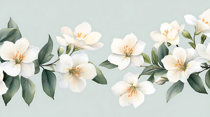 Fototapeta premium White jasmine and lilies flowers on isolated background. watercolor floral illustrations for invitation, card, design.