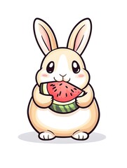 Fototapeta premium Adorable cartoon bunny happily holding a juicy watermelon slice