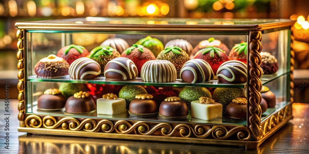 Poster an elegant glass display case filled with assortment of gourmet chocolates in various shapes and dec