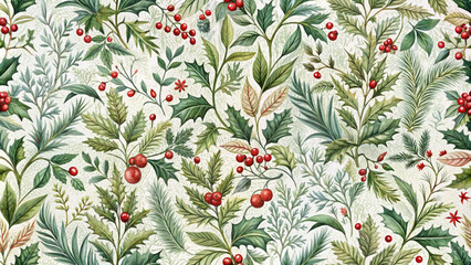 Christmas botanical seamless pattern with holly, berries, and pine needles. Use for holiday wrapping paper, cards, or festive backgrounds.