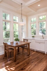 Fototapeta premium Bright breakfast nook with hardwood floors, a wooden table, white cabinets, and numerous windows offering ample natural light
