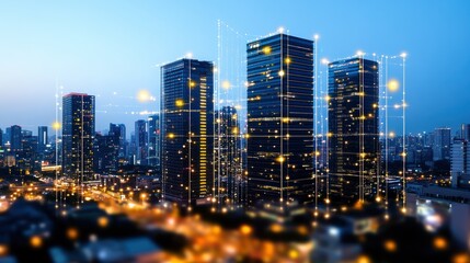 Fototapeta premium Connected city buildings at twilight with network