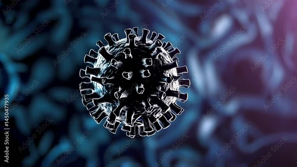 Poster Microscopic view of a coronavirus variant rotating slightly against a blurred background, potentially depicting the virus's movement and spread