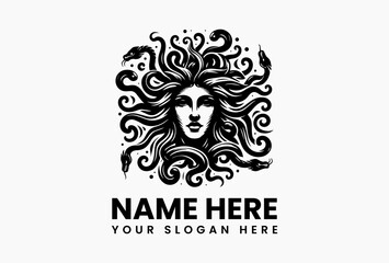 Artistic vector logo of Medusa with snake-covered head, mythological gorgon symbol isolated on white background for ancient, mystical, and fantasy branding  