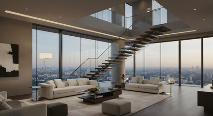 Fototapeta premium Elegant Apartment With City View And Modern Staircase For Luxury Living