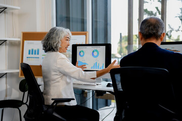 Senior businesswoman pointing at charts on computer while explaining them to businessman in office