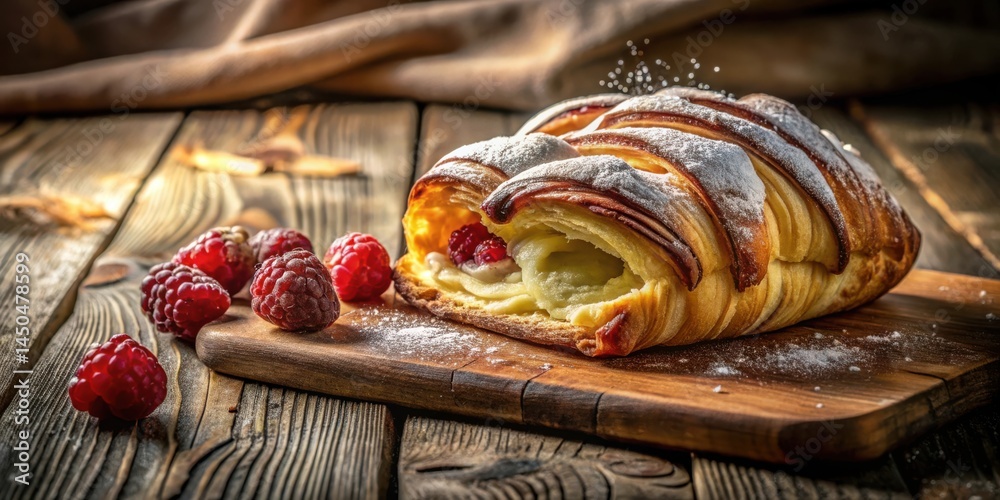 Poster a close-up view of a deliciously flaky pastry filled with creamy goodness and topped with powdered s