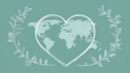 Heart-shaped world map, framed by delicate leaves