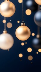 Elegant gold, white, and black Christmas ornaments hang against a dark blue background, illuminated by soft bokeh lights