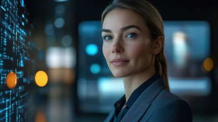 Confident businesswoman with digital background on Zoom call