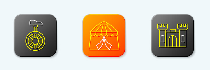 Set line Unicycle or one wheel bicycle, Circus tent and Castle icon. Vector © Kostiantyn