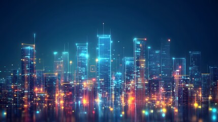 Naklejka premium Futuristic city skyline at night, illuminated by digital connections