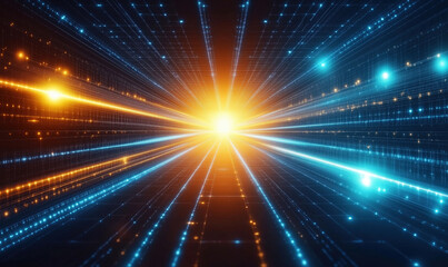 Obraz premium Futuristic light rays converging towards a bright center in a digital space.