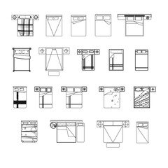 Top-view vector icon set of double beds in various styles and arrangements. Ideal for use in floor planning, interior design, and home renovation projects.