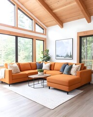 Modern living room with orange sectional sofa, wooden beams, large windows, and a neutral rug