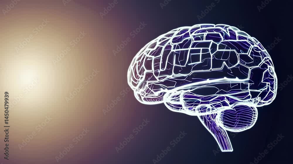 Poster glowing human brain revealing intricate neural pathways, rotating in dark environment with dramatic 