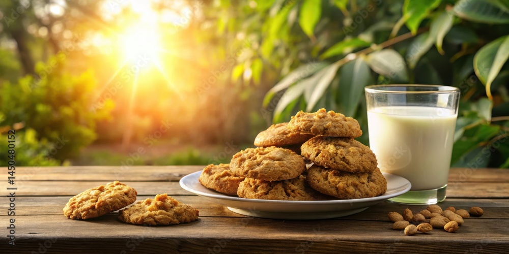 Poster A stack of cookies on a white plate with a glass of milk and scattered nuts on a rustic wooden table with a blurred background of a sunny summer garden.