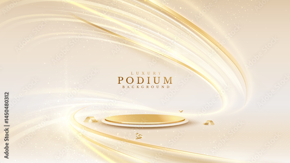 Canvas Prints golden empty podium on cream background with soft golden neon effect with ribbon and bokeh decoratio