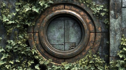 Circular metal door in overgrown concrete wall