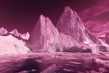 Selbstklebende Fototapeten A dramatic, vibrant, magenta-toned landscape of towering ice peaks and glaciers.  A frozen, otherworldly scene © syifa