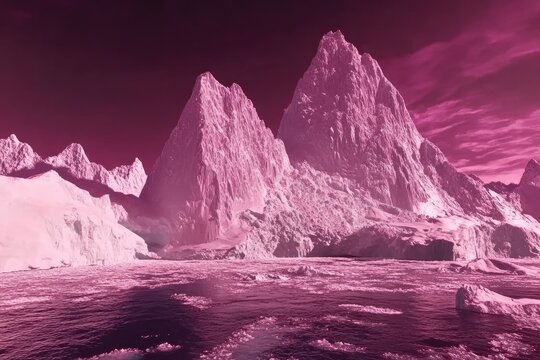 A dramatic, vibrant, magenta-toned landscape of towering ice peaks and glaciers.  A frozen, otherworldly scene - Powered by Adobe