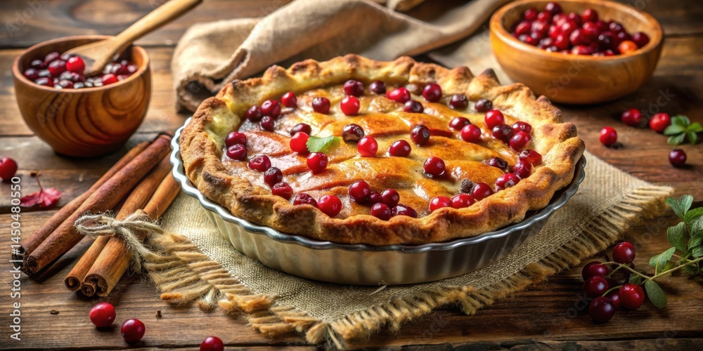 Poster homemade cranberry pie with a flaky crust and a golden glaze, served on a rustic wooden table with c