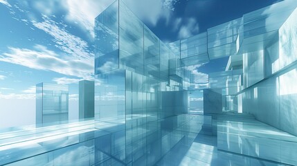 Un b&Atilde;&cent;timent moderne en verre sous un ciel bleu semble faire partie d'une ville d'affaires abstraite. -