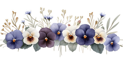 watercolor illustration of colorful pansies, hand-painted spring floral botanical design white background, wedding deco