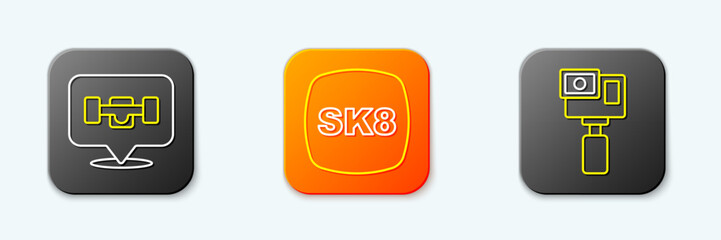 Set line Skateboard wheel, and Action camera icon. Vector