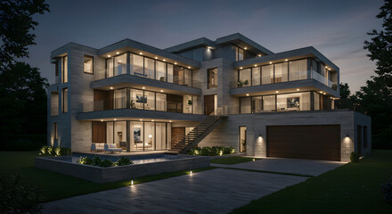 Obraz premium Contemporary Mansion With Pool Lit Up at Twilight Exterior View