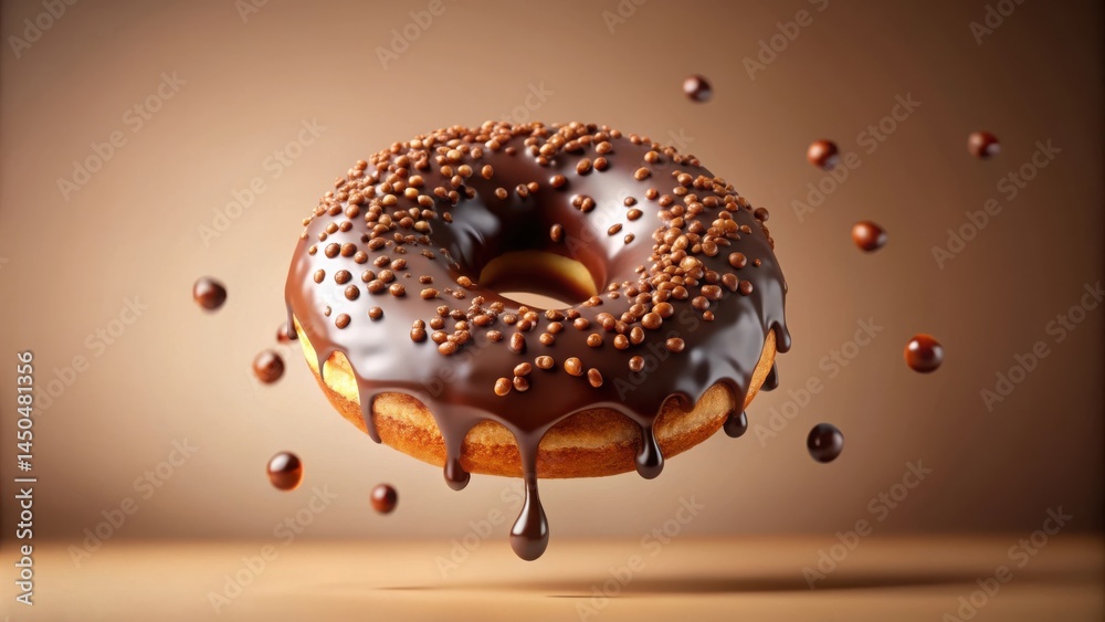 Poster a perfectly glazed chocolate donut with sprinkles floating through the air, with chocolate drops fal
