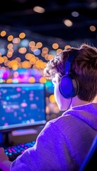 Teenager engrossed in a vibrant video game, illuminated by purple lights and a bokeh background