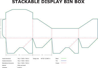 Detailed vector illustration of a stackable display bin box die line template with measurements and dimensions for professional packaging design.
