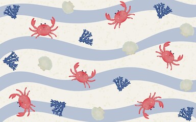Summer pattern featuring watercolor crabs on a nautical background, brach, sand, sea. Vacation concept