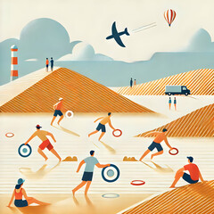 Obraz premium A flat minimalist illustration of friends walking casually in a park, with aligned trees and a smooth pathway on a clean white background.