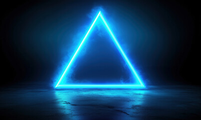 Glowing blue neon triangle with smoke effect on dark background.