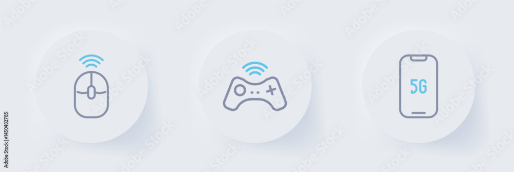 Poster set line mobile with 5g, wireless gamepad and computer mouse icon. vector