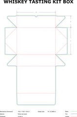 Detailed blueprint design of a whiskey tasting kit box, featuring dimensions, creases, and material specifications for packaging.