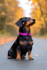 A black and tan dachshund sits on a paved path, looking up with a pink collar, surrounded by autumn foliage