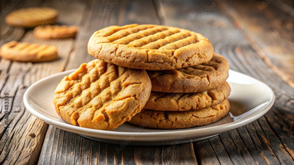 Poster a close-up view of a stack of peanut butter cookies on a white plate, showcasing the golden-brown co