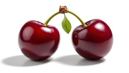 Two ripe red cherries, a sweet and juicy fruit with a green stem, are isolated on a white background
