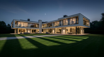 Luxury Modern Home With Landscaped Lawn at Twilight