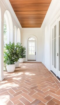 Sunlit veranda with terracotta herringbone flooring, white walls, arched entryways, and potted plants
