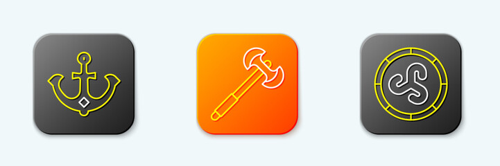 Set line Anchor, Medieval poleaxe and Shield viking icon. Vector